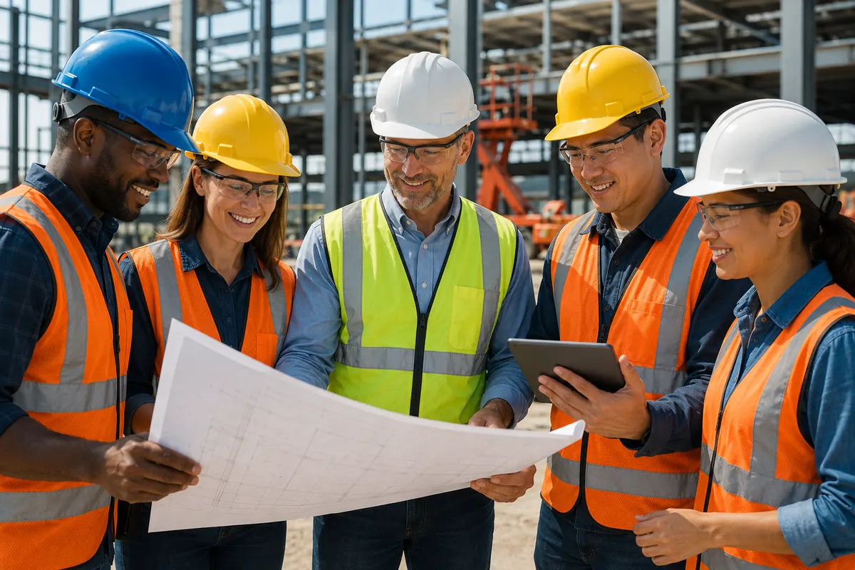 A diverse construction team reviewing plans