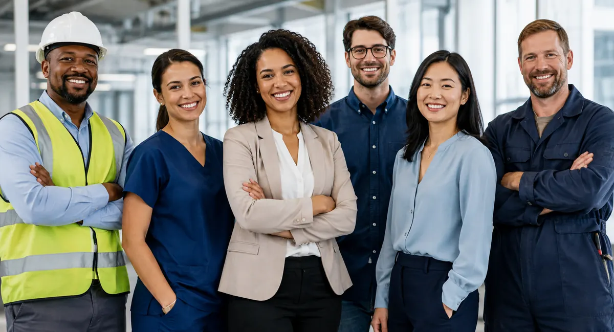A diverse group of smiling blue-collar and white-collar employees