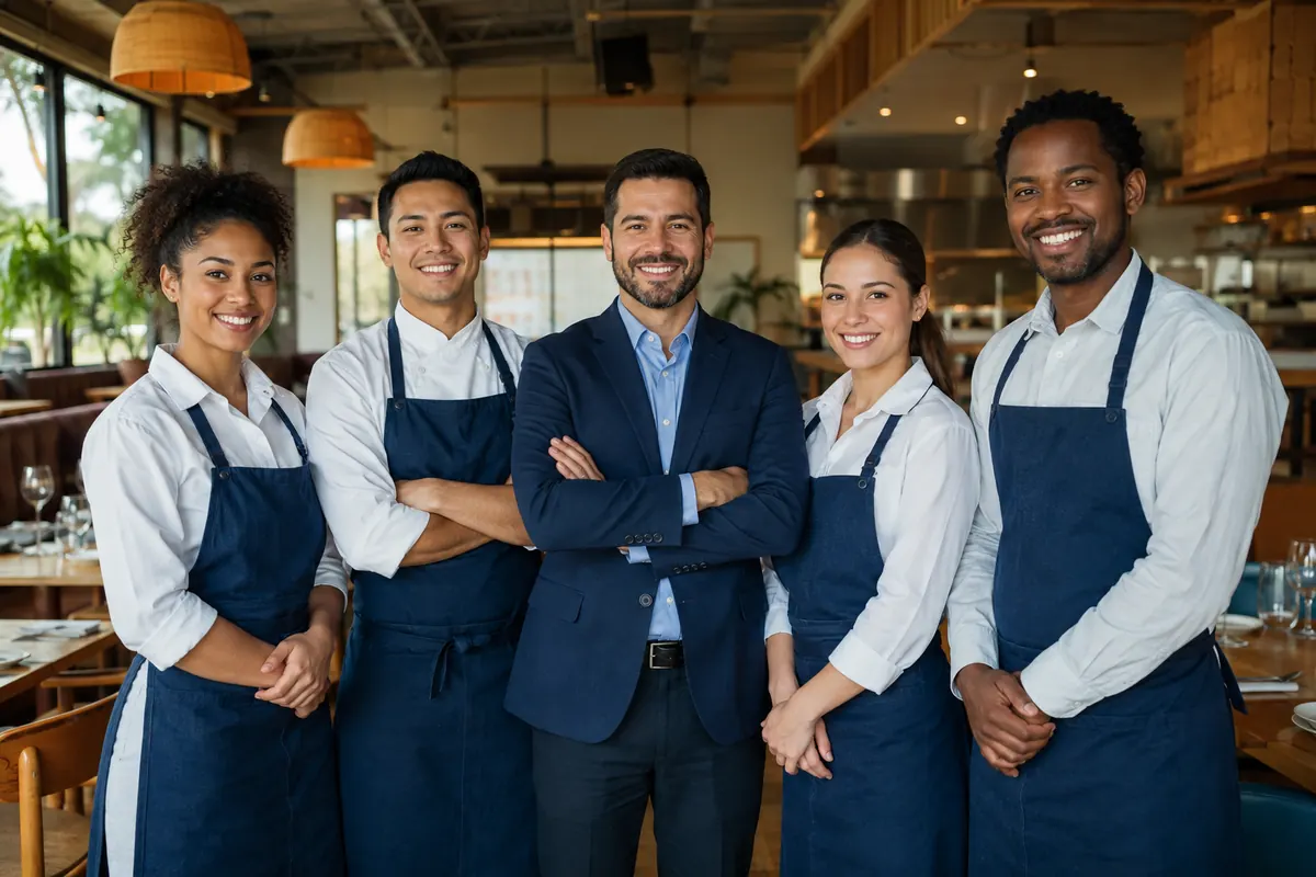 A diverse restaurant team smiling together